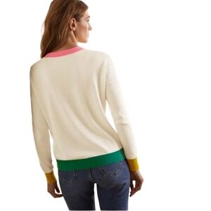 Boden Wool Blend Cream Sweater Size 14 Pink/Green/Yellow Hem Cuff Neck Soft Cozy